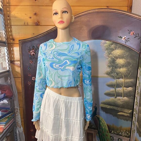 Marbled Blue and Green Print on Lightweight Mesh Crop Top - Picture 1 of 6
